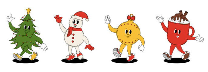 Naklejka premium Groovy retro Merry Christmas and Happy New year. Christmas characters in trendy groovy hippie style. Christmas tree, toy, mug of hot chocolate and snowman.