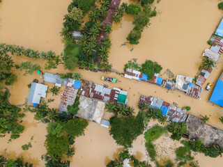August 24, 2024, Mirsarai, Chittagong, Bangladesh: Aerial view of flooded village in Bishumier Hat...