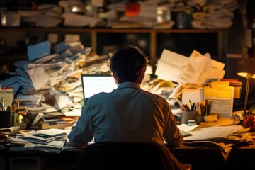 Fototapeta premium Man Working at Cluttered Desk Late at Night