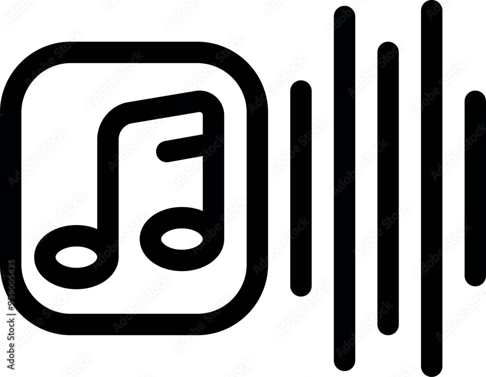 Poster black and white line art icon of a music player app with sound bars visualizing a playing song