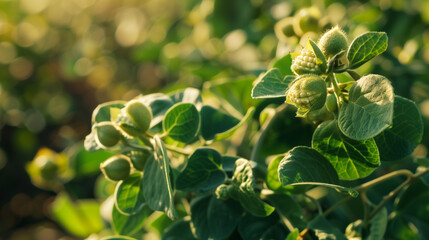 Obraz premium Close-up of capers growing on a bush in natural light, focusing on green leaves and buds