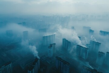 Aerial View of a Foggy Metropolis Skyline - Urban Design, Pollution Awareness, Environmental Concept