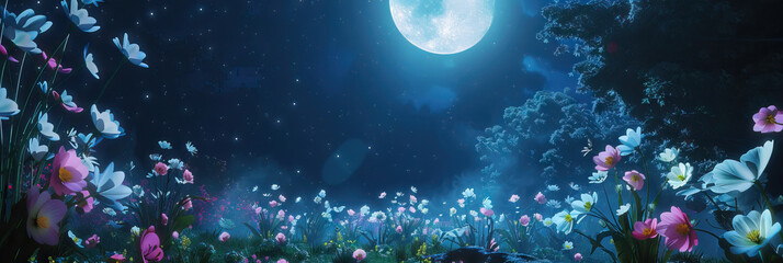 Fototapeta premium Lunar Sanctuary: A secluded garden filled with flowers, their petals gently swaying in the moonlight.