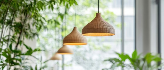 Wicker Pendant Lights Hanging Over Green Plants
