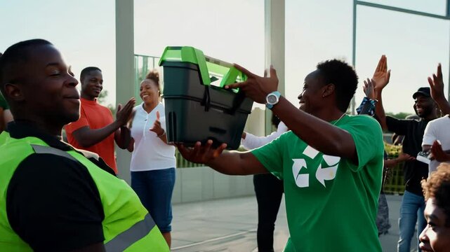 People gather joyfully in an urban park, celebrating their achievements in recycling and environmental awareness as the sun sets