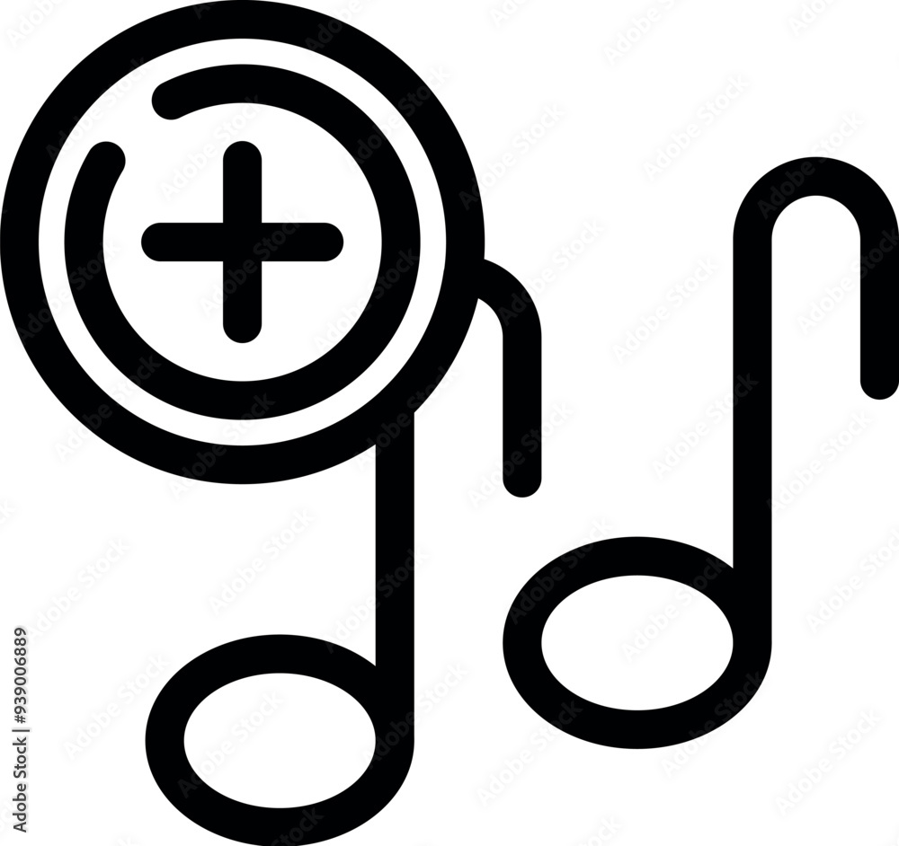Poster simple black and white icon of a plus sign adding a music note to a playlist