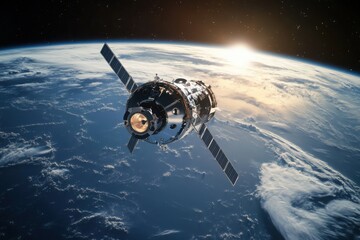 Obraz premium Satellite Orbiting Earth at Sunrise in Space
