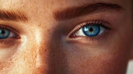 Fototapeta premium A woman with captivating blue eyes and well-defined eyebrows is captured in soft natural light, highlighting her facial features with a warm and inviting atmosphere