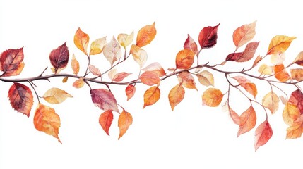 This delicate watercolor illustration captures a closeup view of an autumn branch, featuring an array of colorful leaves in shades of red, orange, and yellow against a soft backdrop