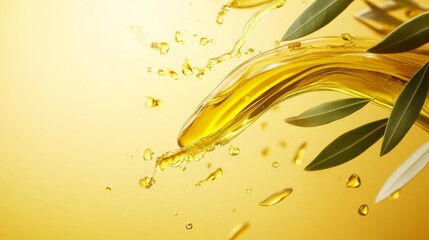 Golden olive oil cascades in a vibrant splash while fresh green leaves float midair, creating a stunning visual contrast against a warm, bright background