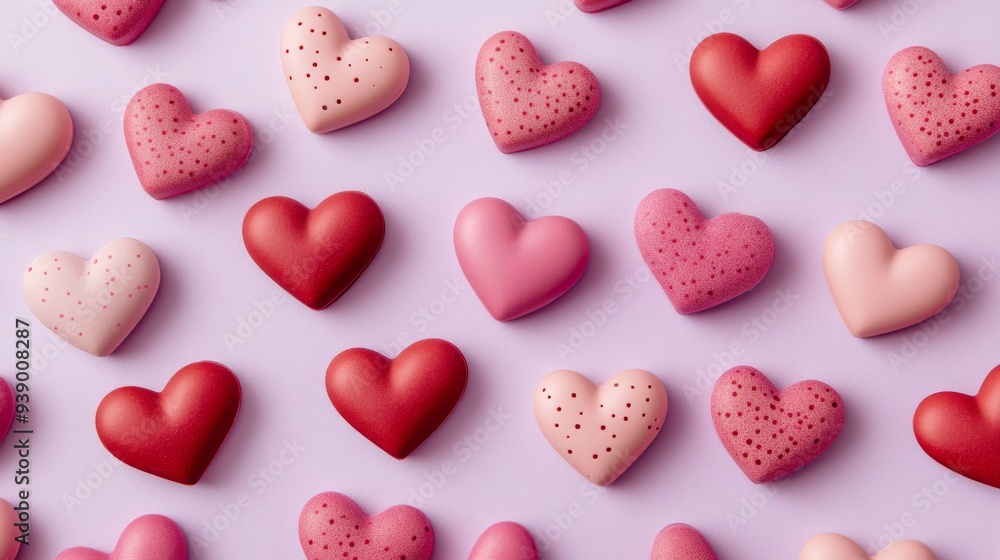 Poster small heart shapes in different shades of red and pink are beautifully arranged against a soft paste