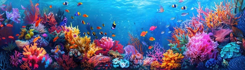 Fototapeta premium Coral reef ecosystem with marine life, Fantasy, Vibrant, Watercolor, Emphasizing biodiversity