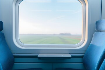 Modern passenger train interior with scenic window view
