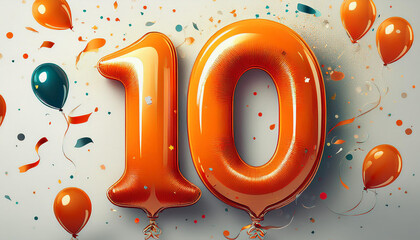 Obraz premium Orange birthday / anniversary balloon, number 10, white background with confetti