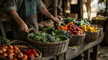 A young vendor carefully arranges fresh vegetables and homemade products at a rustic farmers market stall, inviting visitors to explore the local offerings