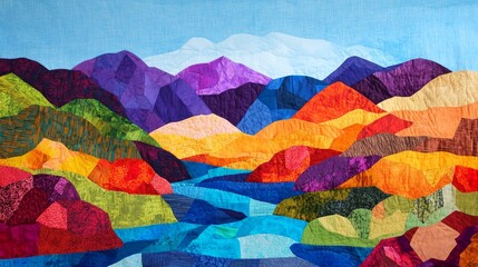 Colorful fabric mountains, river landscape 
