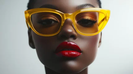 A confident individual poses, wearing vibrant yellow sunglasses and bold red lipstick, their expression radiating self-assurance and style against a neutral background © Elmira