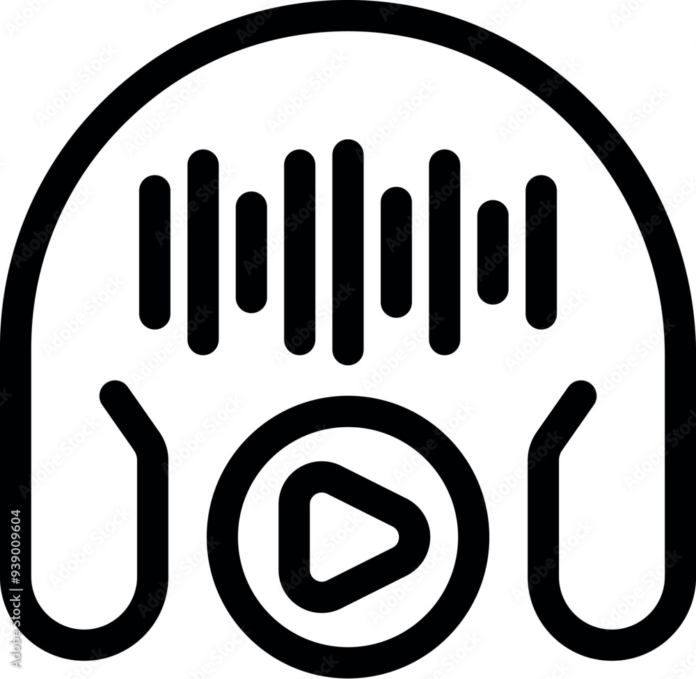 Poster simple icon of headphones with sound waves emanating from them and a play button in the center