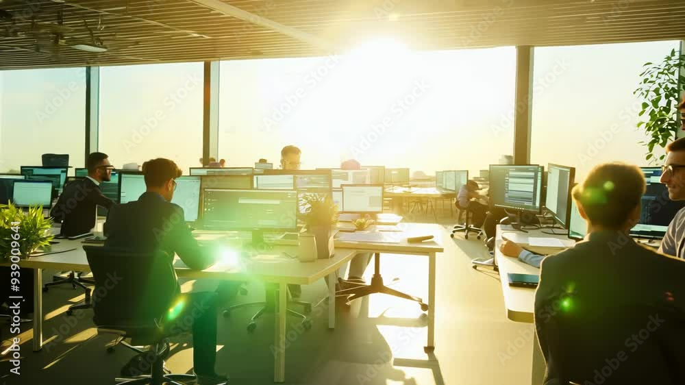 Poster a team of professionals collaborates in a modern office, focusing on coding while enjoying the warm 