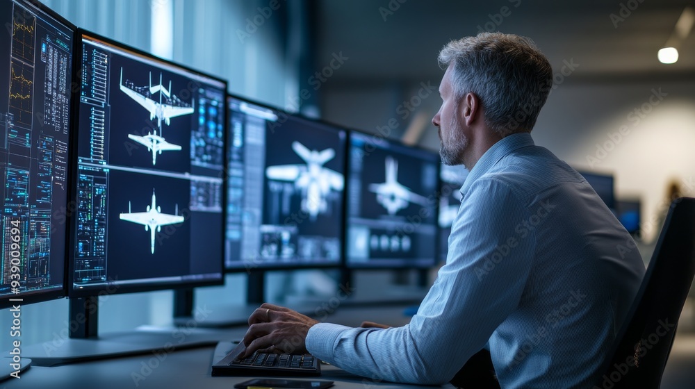Poster an engineer focuses intently on sophisticated aircraft designs displayed on several high-resolution 