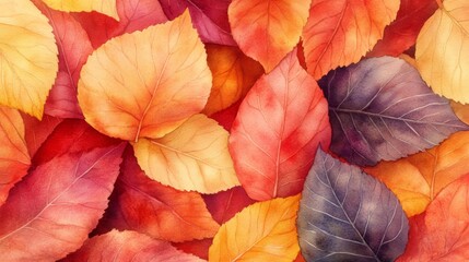 Obraz premium This artwork features a closeup view of diverse autumn leaves in rich hues of red, orange, and yellow, highlighting the beauty of the fall season in nature