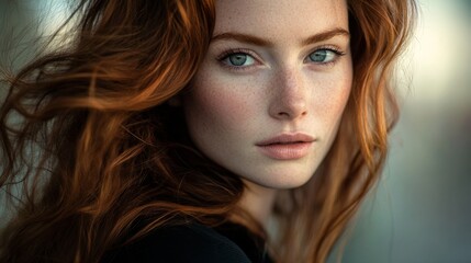 Naklejka premium A glamorous woman with flowing auburn hair and captivating green eyes showcases delicate makeup, embodying elegance and charm during a professional photo session