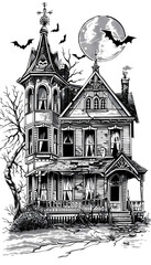 Haunted House black and white illustration