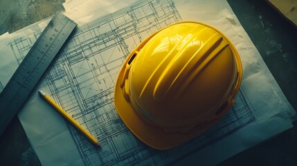 A bright yellow construction helmet is placed on a set of architectural blueprints, accompanied by a pencil and ruler, indicating preparation for a building project