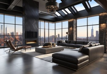 Modern interior of a living room. Penthouse Loft with dark stone walls (3d Rendering)