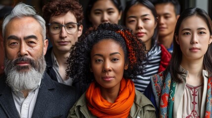 Fototapeta premium A group of people from various backgrounds stands together, showcasing diversity and community spirit in a city area