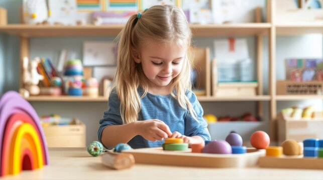 The blonde girl smiles as she concentrates on a hands-on activity, manipulating vibrant shapes in a Montessori classroom designed for interactive learning