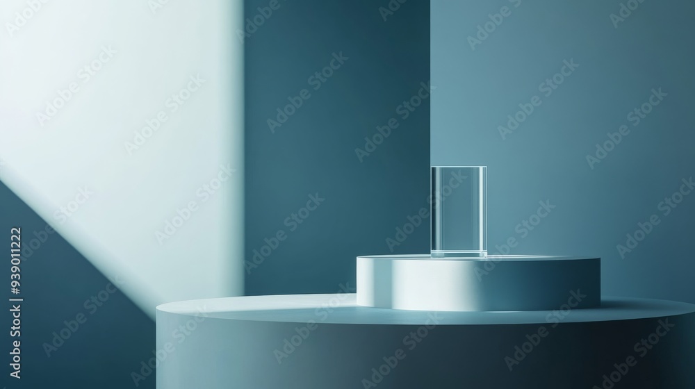 Poster a glass block rests on a circular pedestal in a minimalist studio setting, surrounded by a solid col