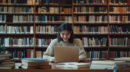 A student happily interacts with her laptop at a library table, with stacks of open books around her, creating a focused study environment in a modern facility