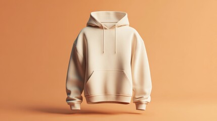 A stylish oversized hooded sweatshirt is showcased in a front angle view, highlighting its design and fabric against a plain, warm-toned background to attract potential buyers