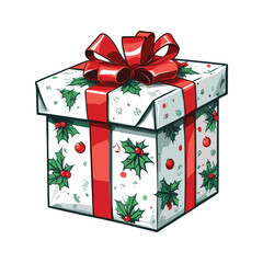 Festive Gift Box with Holly and Red Berries Design