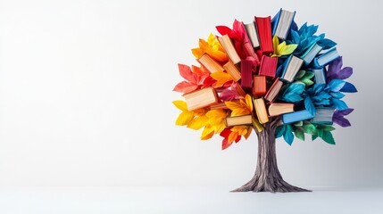 A striking tree features vibrant leaves crafted from colorful books, embodying a fusion of nature and literary creativity against a minimalist white backdrop