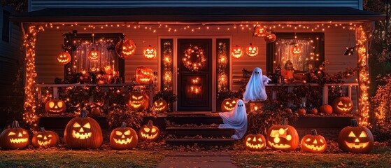 Lit Jack-o'-Lanterns and Ghosts Adorn a House's Front Porch for Halloween