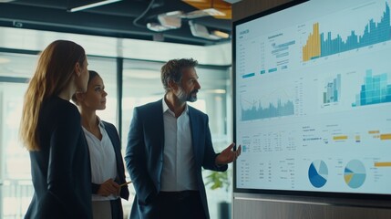 A diverse team of professionals engages in a discussion around display screens showcasing data, collaborating on strategies in a contemporary office setting