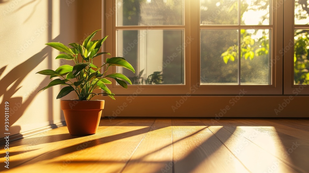 Poster sunlight streams through a large window, illuminating a potted green plant placed on a wooden floor,