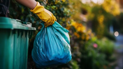 Wearing bright yellow gloves, an individual holds a blue trash bag, preparing to place it into a green trash bin against a backdrop of foliage in the evening light