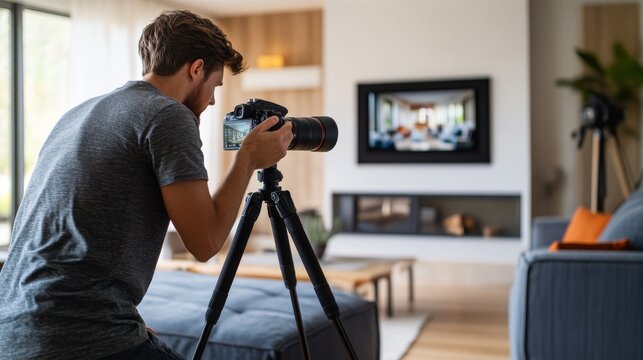 A real estate photographer prepares to capture the interior of a stylish living room, adjusting his camera on a tripod while focused on the setting's details