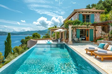 Fototapeta premium A relaxing villa features an infinity pool and breathtaking views of the Mediterranean coastline and mountains