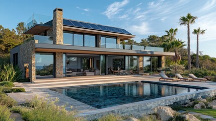 A coastal zero carbon villa with sustainable design, solar power, and eco-friendly materials, harmonizing with the natural environment.