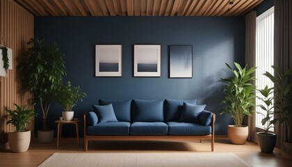 Interior mockup In a white room a blue sofa is placed next to a photo frame on the wall