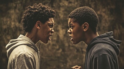 Two African American teenage boys stand face-to-face, their expressions filled with intensity as they confront each other in a charged moment, reflecting their emotional struggle