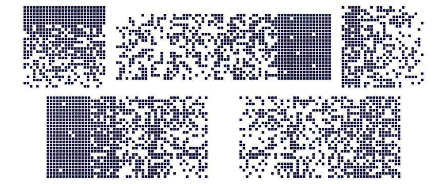 Pixel disintegration background with decay effect. Design featuring dispersed square particles creating a disintegration look. Set of pixel mosaic textures on a white background. Vector illustration.
