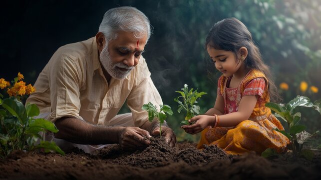 A grandfather and his young granddaughter are kneeling together, carefully planting a seedling in the rich soil of their garden, sharing a moment of connection and learning - Powered by Adobe