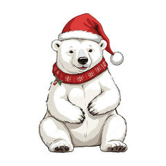 Festive Polar Bear in Christmas Hat and Scarf