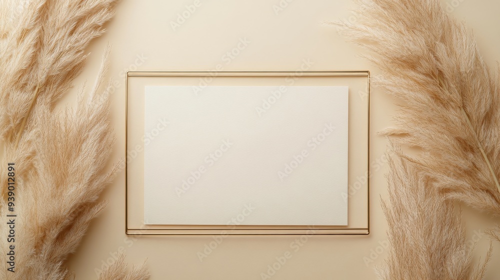 Poster a blank invitation card is elegantly arranged in a top-down view, framed by graceful pampas grass, c