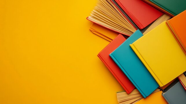A bright yellow background highlights a colorful assortment of hardcover books arranged in a fan pattern, displaying their vibrant spines and inviting titles - Powered by Adobe